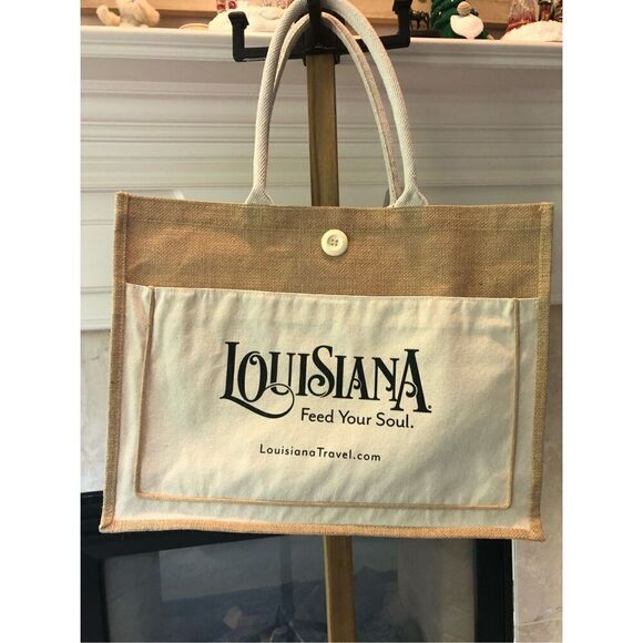 Logomark Louisiana “Feed Your Soul” Women’s Tan and Cream Jute Large Tote Should - Picture 1 of 11